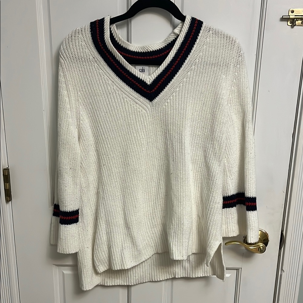 Cabi White V-Neck Sweater with Striped Accents